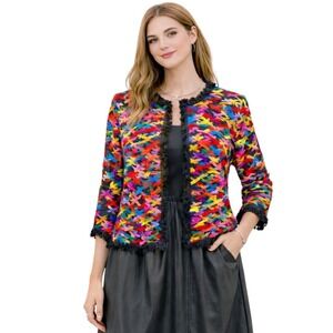 Michael Simon Women's Sweater  Multi-Color Fishnet Woven Ribbons Cardigan Large